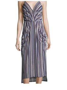 BCBGeneration Striped V-Neck Midi Dress with Pockets in Blue, Cream, and Rust‎